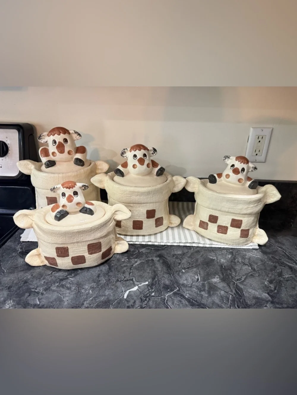 VTG Cow Ceramic Canister Set of 4 Coffee Tea Flour Sugar Checkerboard Farmhouse